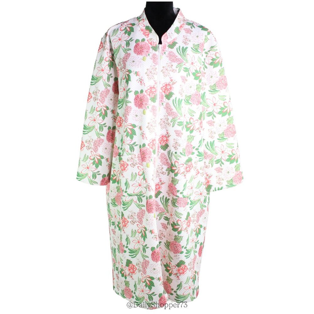Cuddledown Women's White & Pink Floral Quilted Full Length Zip Up Robe